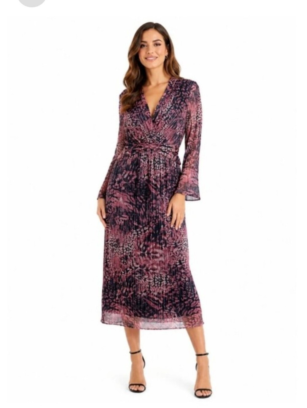 Anne Klein NWT Lotus Pink Multi Metallic Pleated Twist Front Midi Dress Sz 6